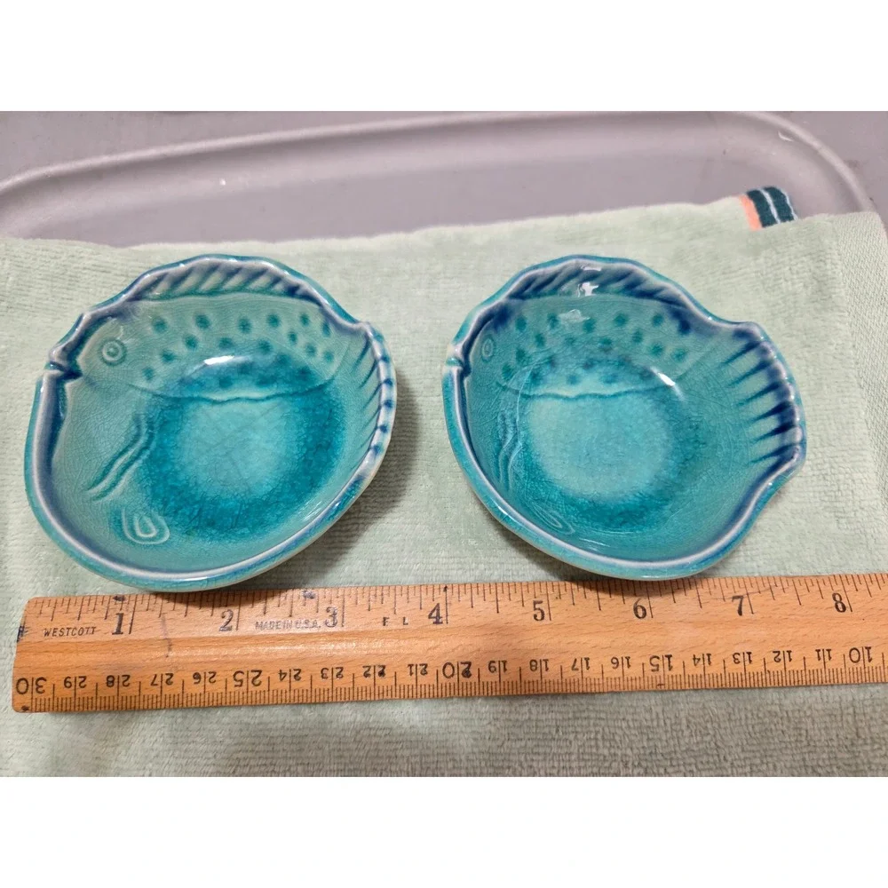 Japanese Turquoise Fish Shaped Pottery Trinket Dish Tea Bag Holders Dip Bowl Set